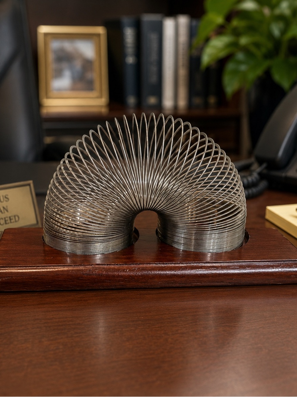 Metal Slinky on Wooden Base